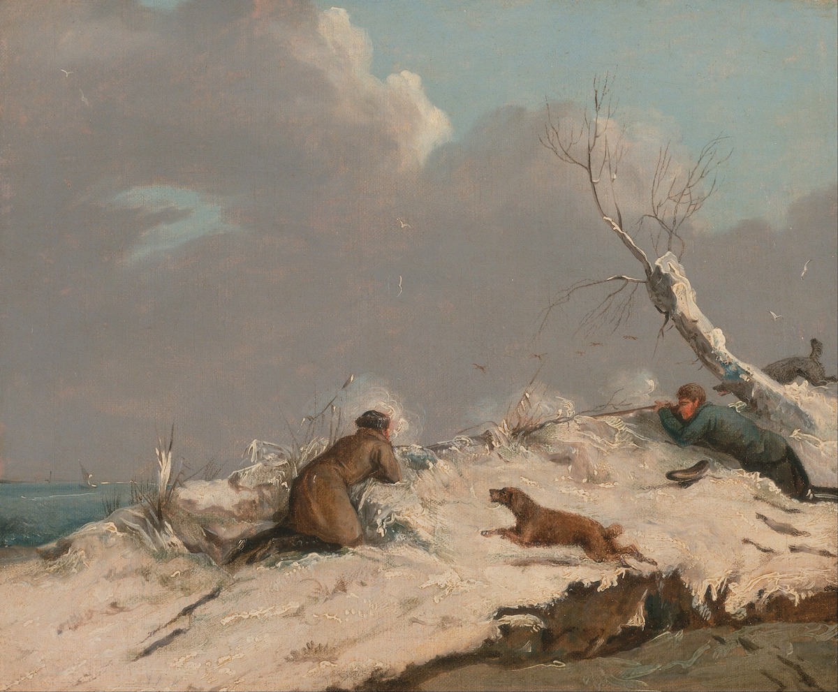 painting of hunters and dog in snow
