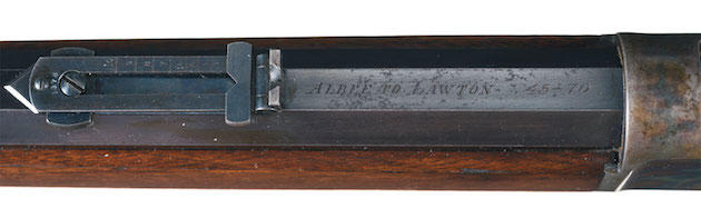 "Albee to Lawton," inscribed in the barrel of Lawton's Winchester 1886.