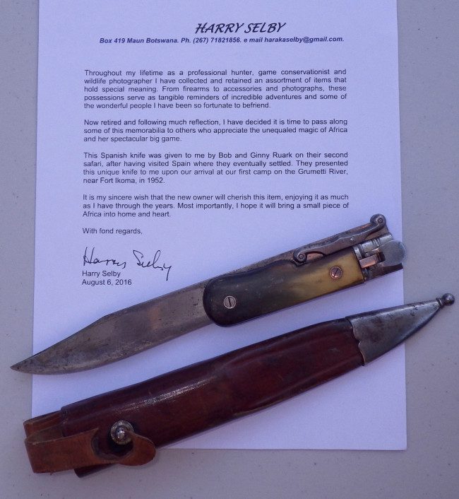 Harry Selby's letter to whomever may purchase this knife at auction.