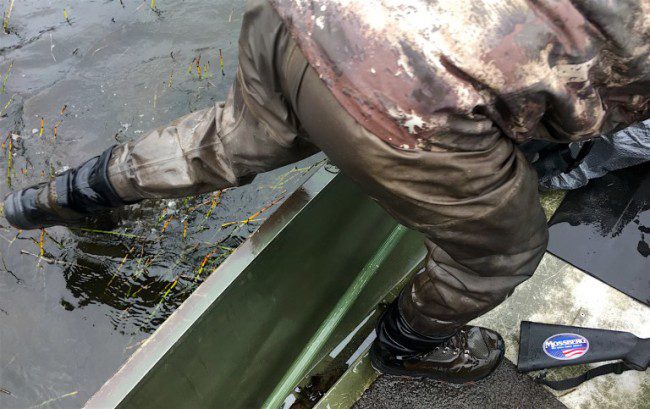 Tom dragged plenty of sandy water into the boat and onto his Mossberg lying on its floor. He kept his own hide dry under Simms Gore-Tex waders, the perfect pant for Alaska.