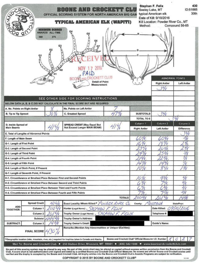 The score chart from Felix's enormous bull elk. (Photo: Boone and Crockett Club)