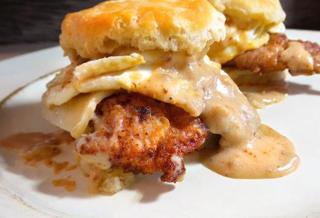 Cajun-Fried Wild Turkey Biscuits & Gravy Sandwich