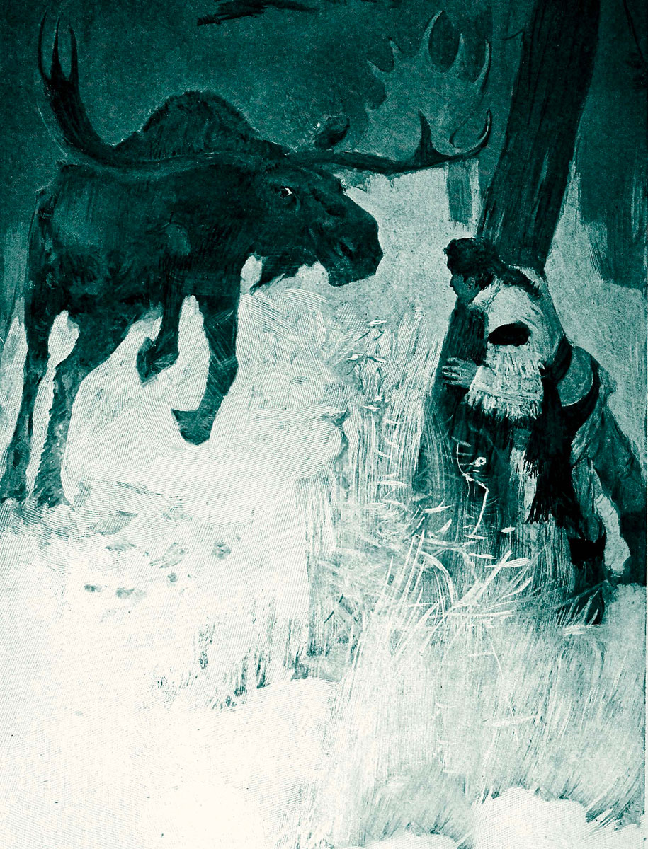 painting of moose attacking man