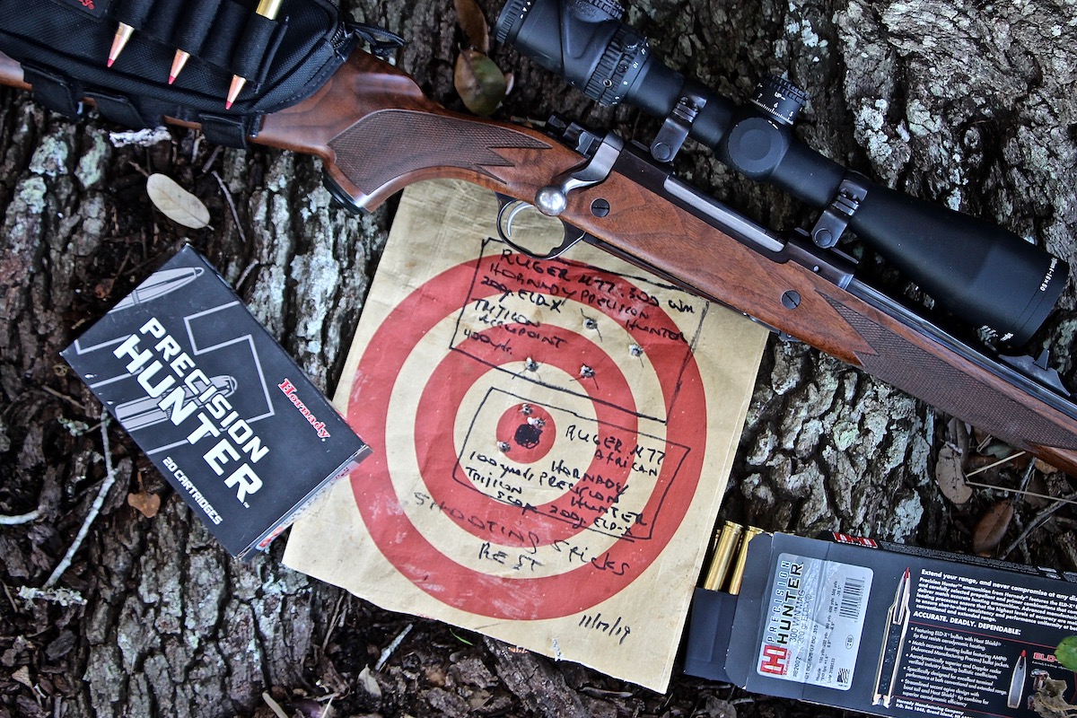 rifle on target showing group size and hornady ammunition long range hunting and shooting