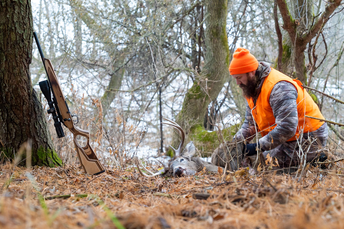 deer hunter with deer and rifle with a replacement rifle stock