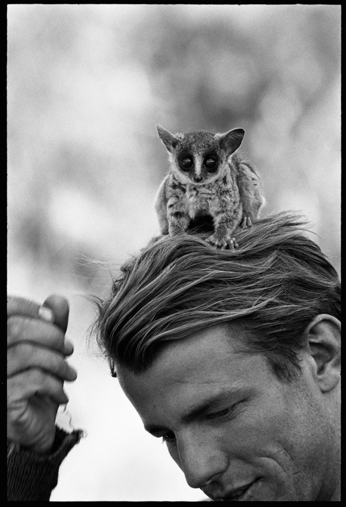 Peter Beard with with a bush baby on his head