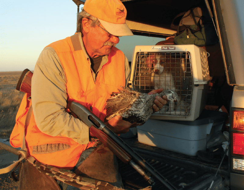 hunter with sage grouse and Brittany puppy