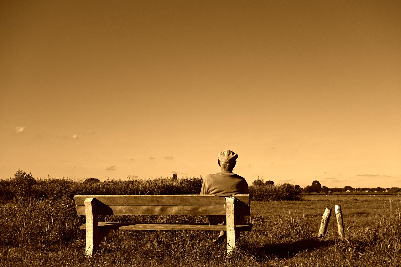 old man in field on bench