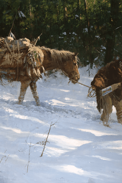 horse and hunter in snow painting