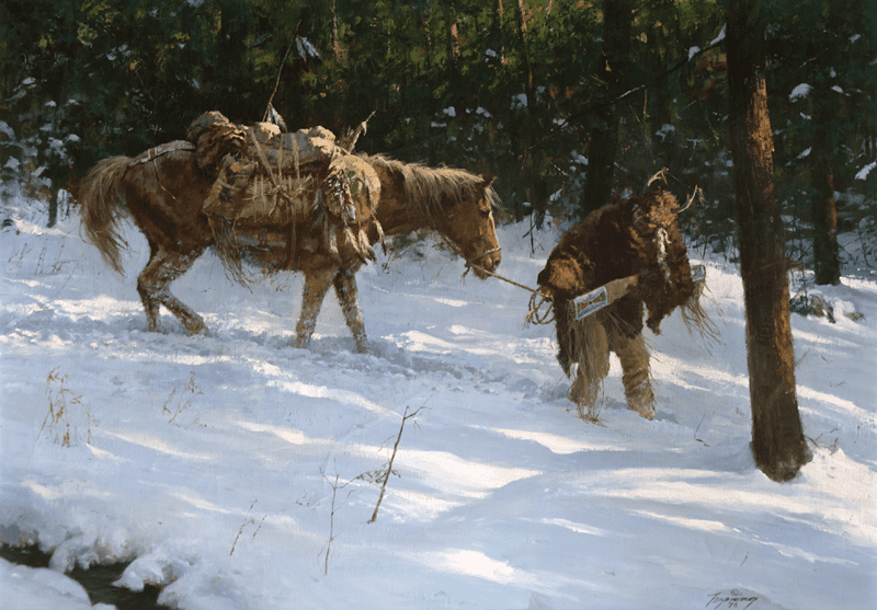 horse and hunter in snow painting