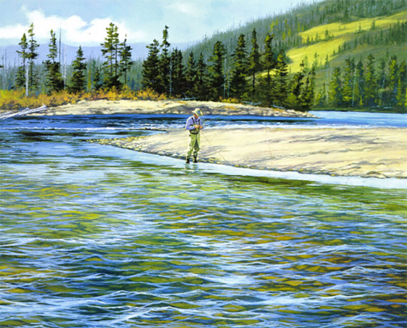fly fisherman on river bank